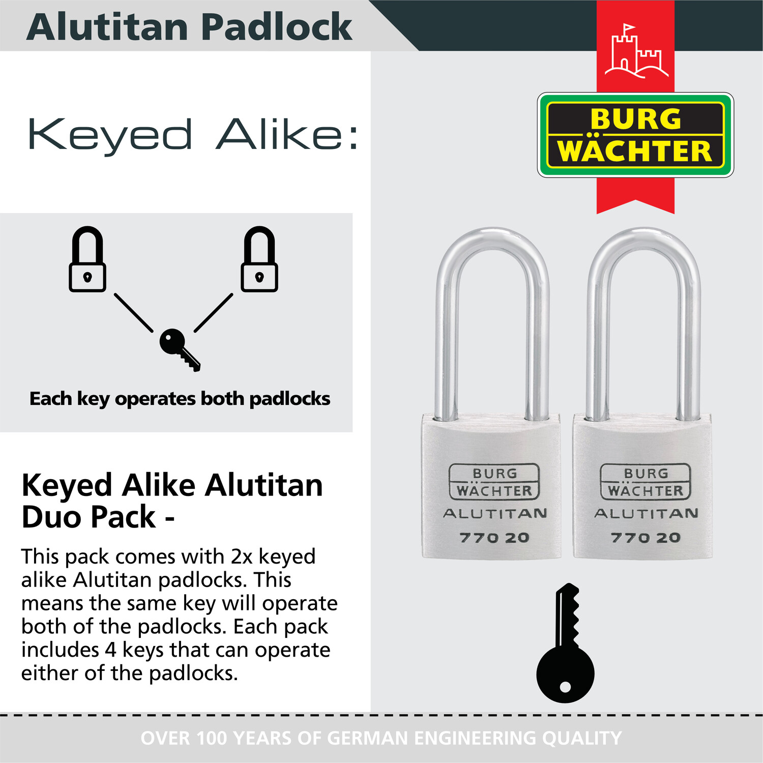Pack of 2 Long Shackle Aluminium 20mm Padlocks  Silver Image 4
