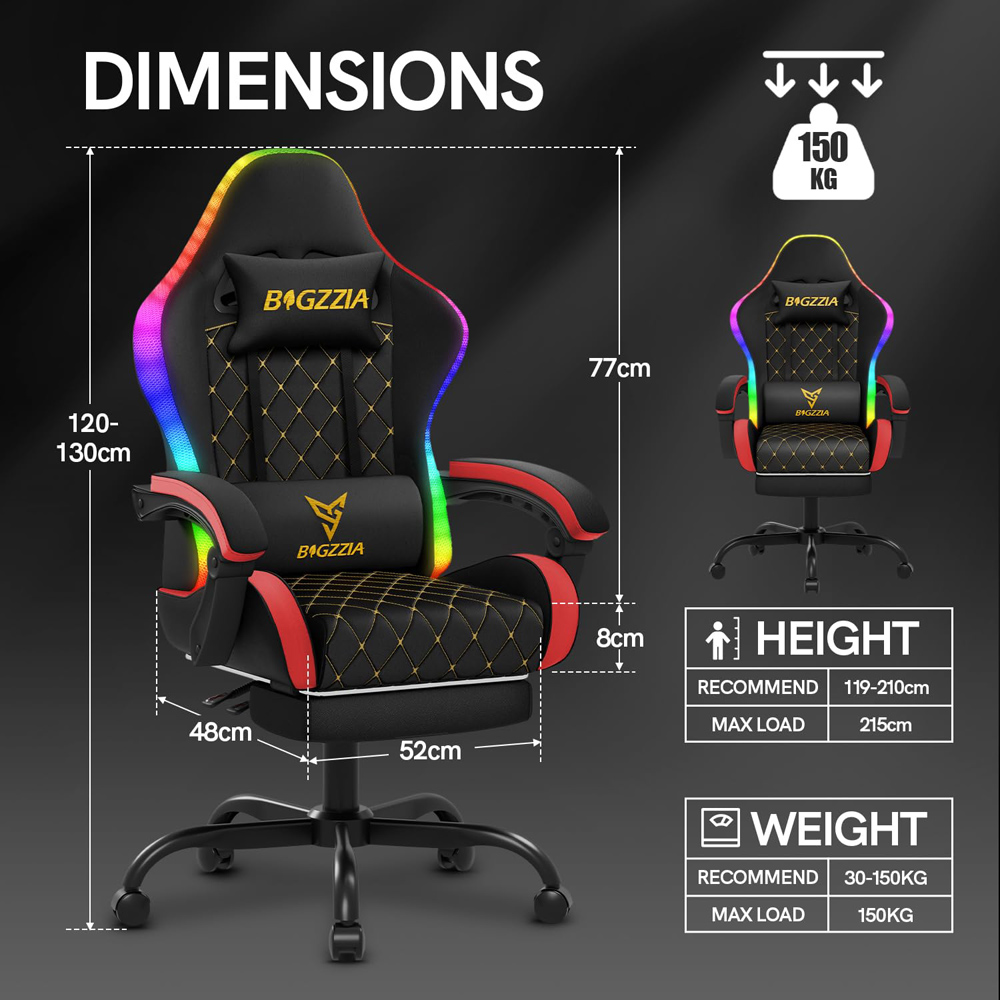 Rattrix Red PU Leather Reclining Gaming Chair with RGB LED Lights Memory Foam Seat and Footrest Image 8