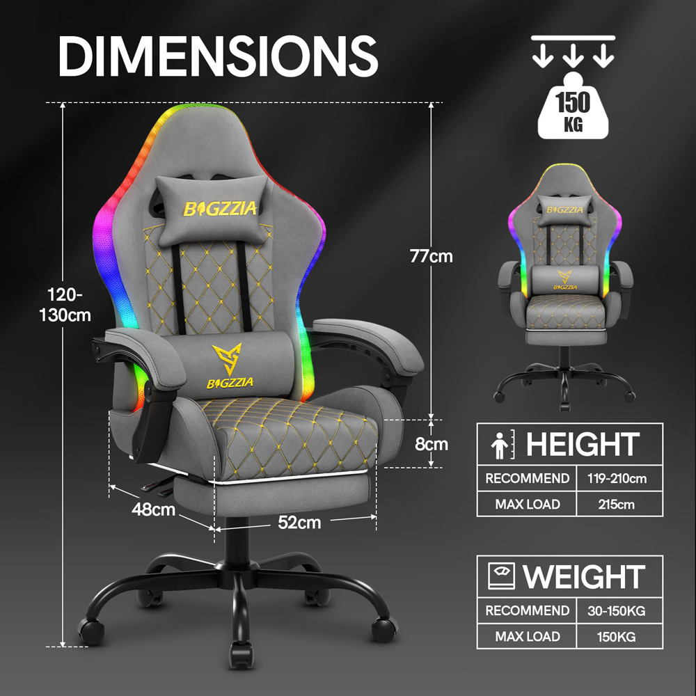 Rattrix Grey PU Leather Reclining Gaming Chair with RGB LED Lights Memory Foam Seat and Footrest Image 9