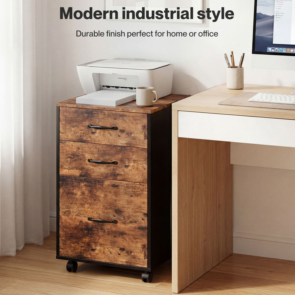 Levede Walnut 3 Drawer File Cabinet with Wheels Image 7