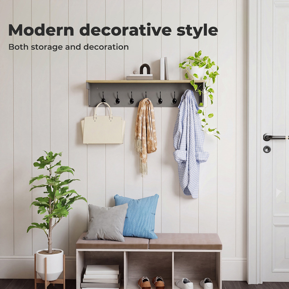 Levede Oak and Grey 7 Double Hook Wall Mounted Coat Rack with Shelf Image 6