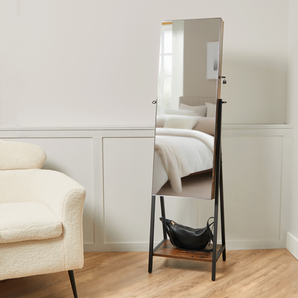 Brown Dark Wood Effect Cabinet Mirror with Bottom Shelf Image 5