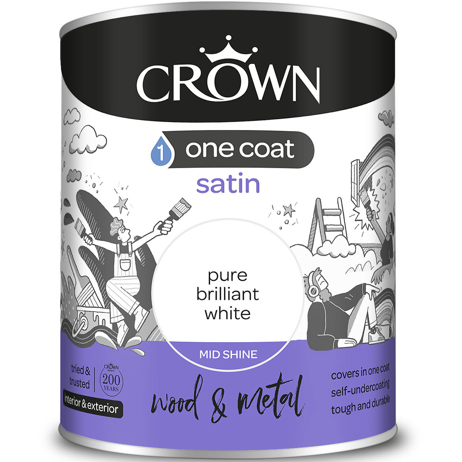 Crown One Coat Wood & Metal Pure Brilliant White Satin Paint 750ml Image 2