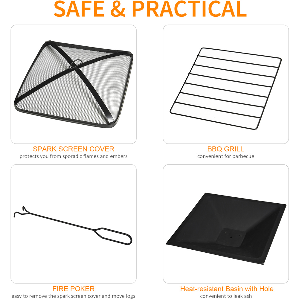 Outsunny Metal 3 in 1 Square Fire Pit with Poker and Grate Image 5