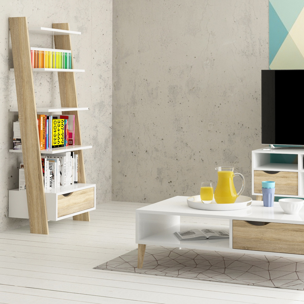 Furniture To Go Oslo White and Oak Single Drawer 5 Shelf Leaning Bookcase Image 9