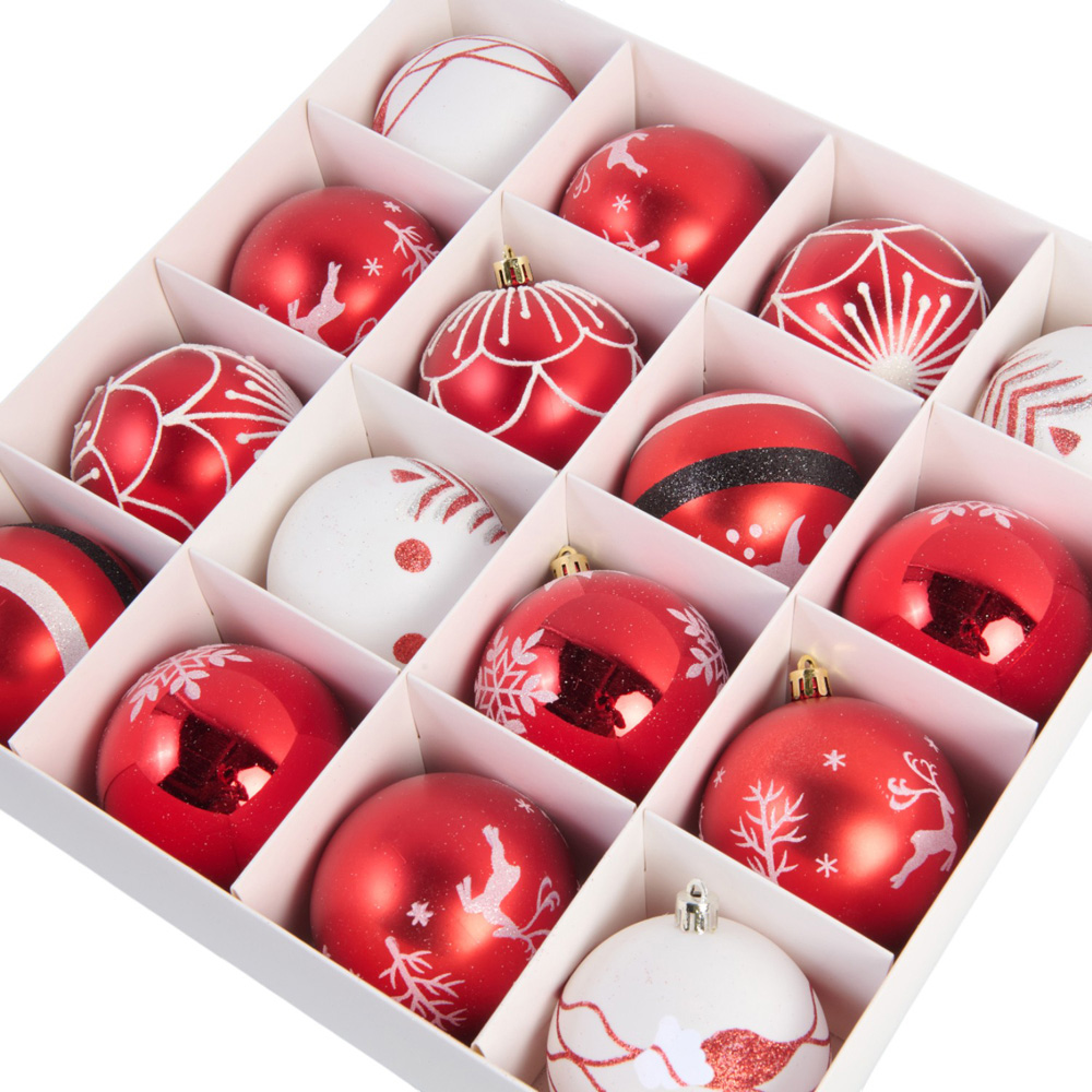 Pack of 16 Whimsical Red and White Baubles - Red Image 3