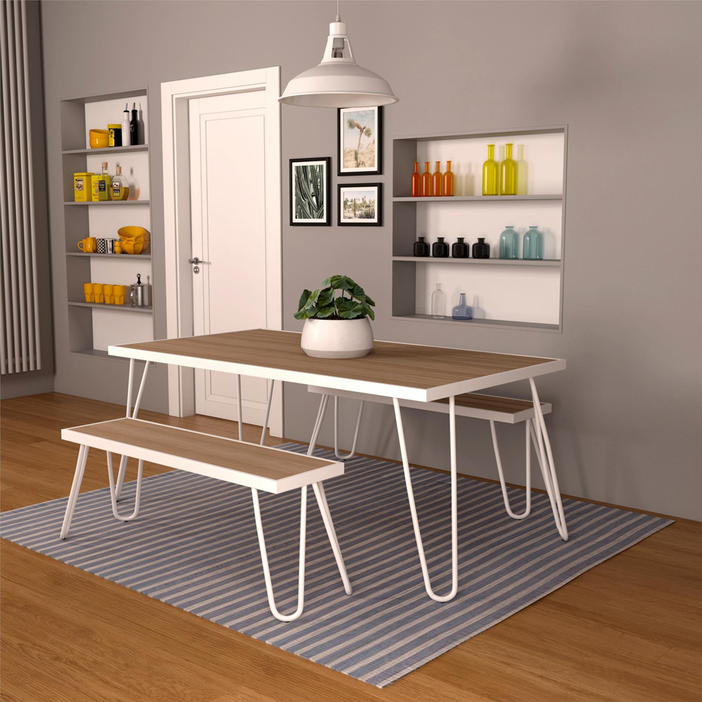Paulette White Metal Frame Resin Wood Top Dining Table and Bench Set Image 6