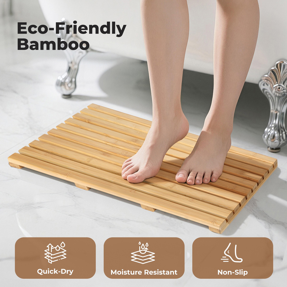 Levede Natural Bamboo Slatted Anti-Slip Rectangular Shower Bath Mat Image 5