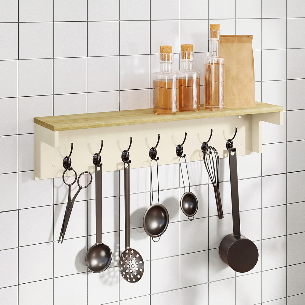 Levede Oak and Beige 7 Double Hook Wall Mounted Coat Rack with Shelf Image 3