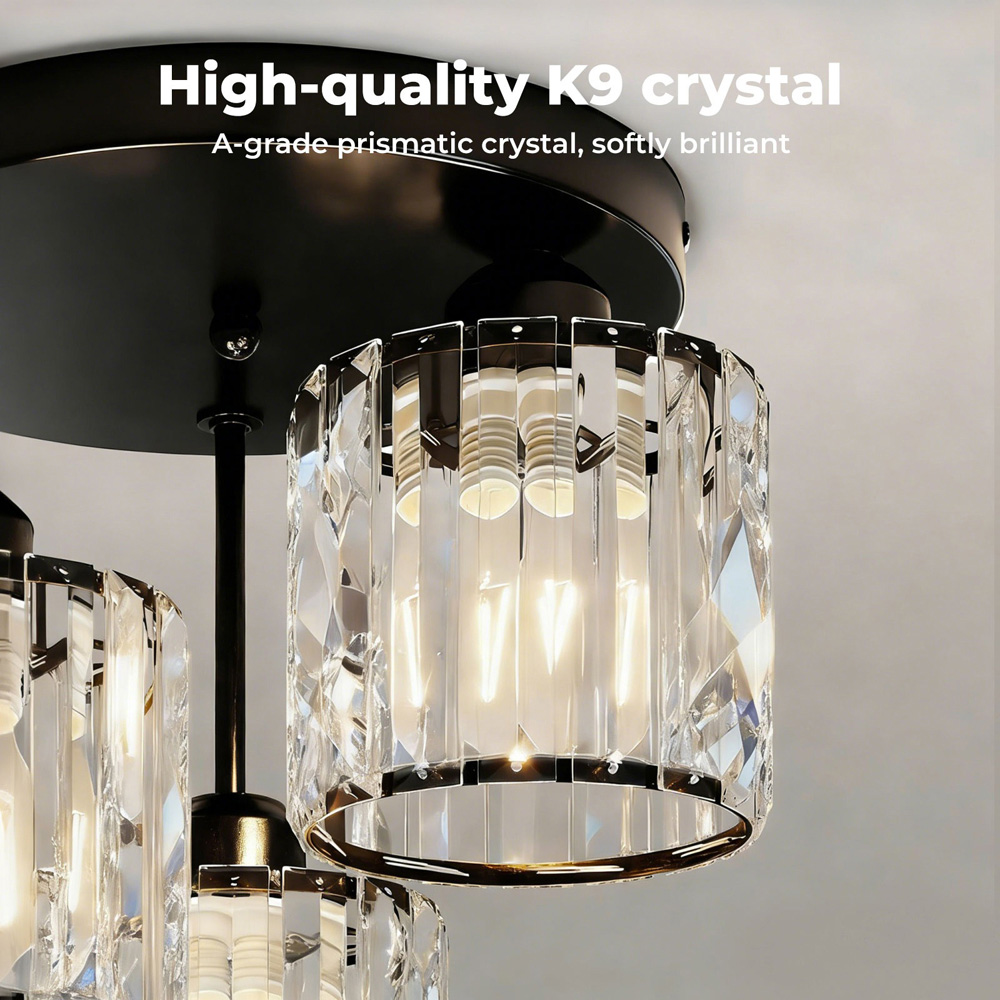 Emitto Black 3 Light Semi Flush Mount E27 Crystal Ceiling Light Image 3