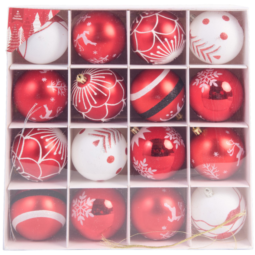 Pack of 16 Whimsical Red and White Baubles - Red Image 1
