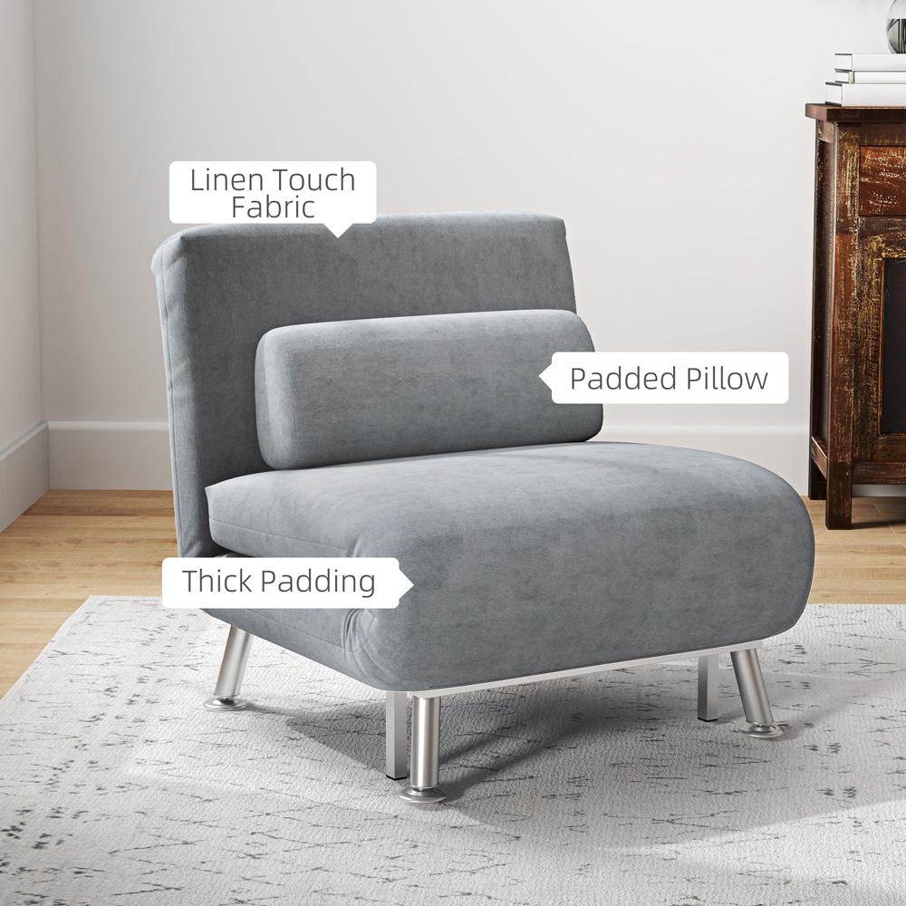 HOMCOM Single Grey Velvet Chair Bed with Adjustable Backrest Image 7