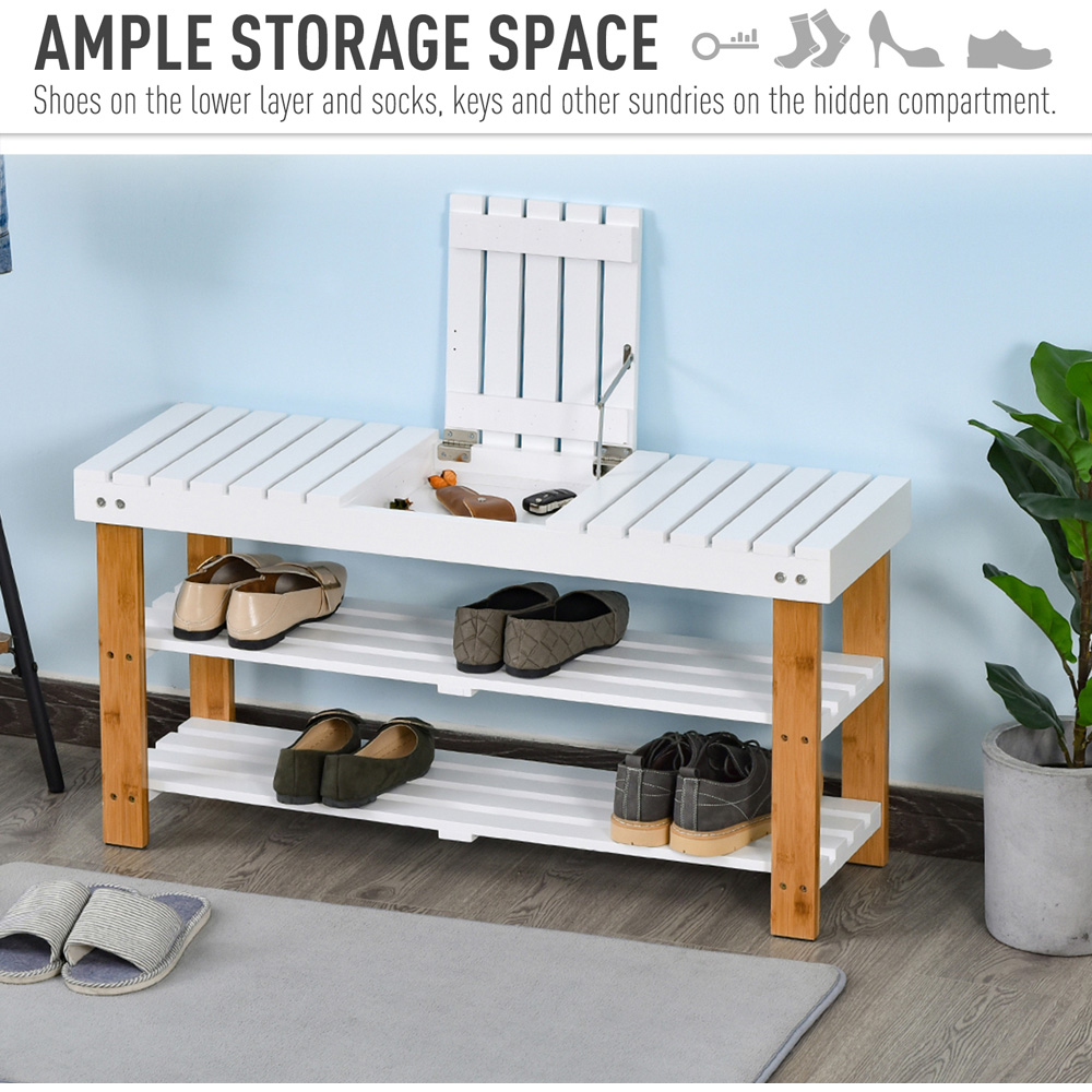 HOMCOM 3-Tier Open Shoe Rack Hidden Storage Wood Frame Wide Shelves Natural Image 3