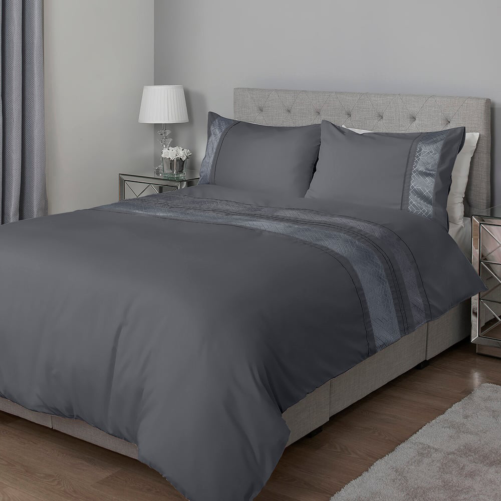 My Home Super King Charcoal Geo Stripe Velvet Duvet Set Image 2