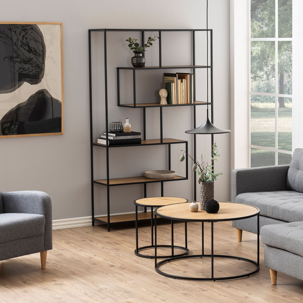 Furniture To Go Seaford Oak and Black 5 Shelf Metal Large Asymmetrical Bookcase Image 4