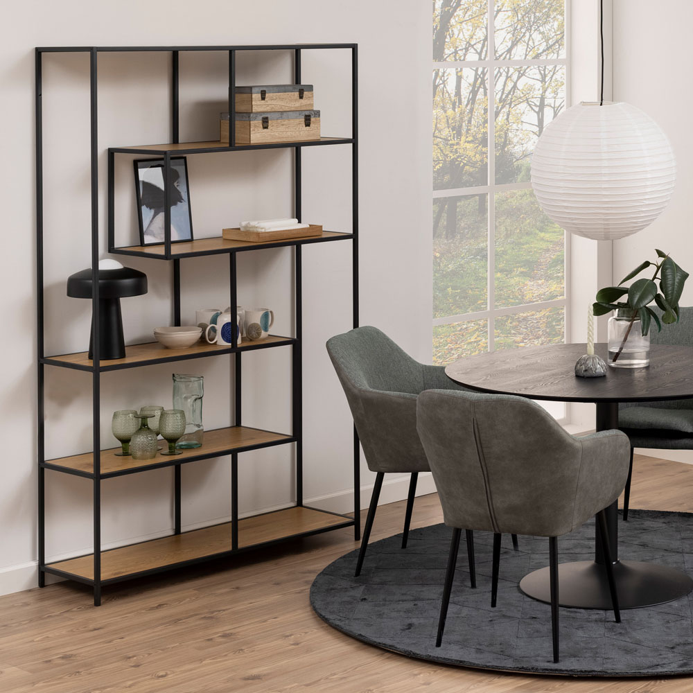 Furniture To Go Seaford Oak and Black 5 Shelf Metal Large Asymmetrical Bookcase Image 5