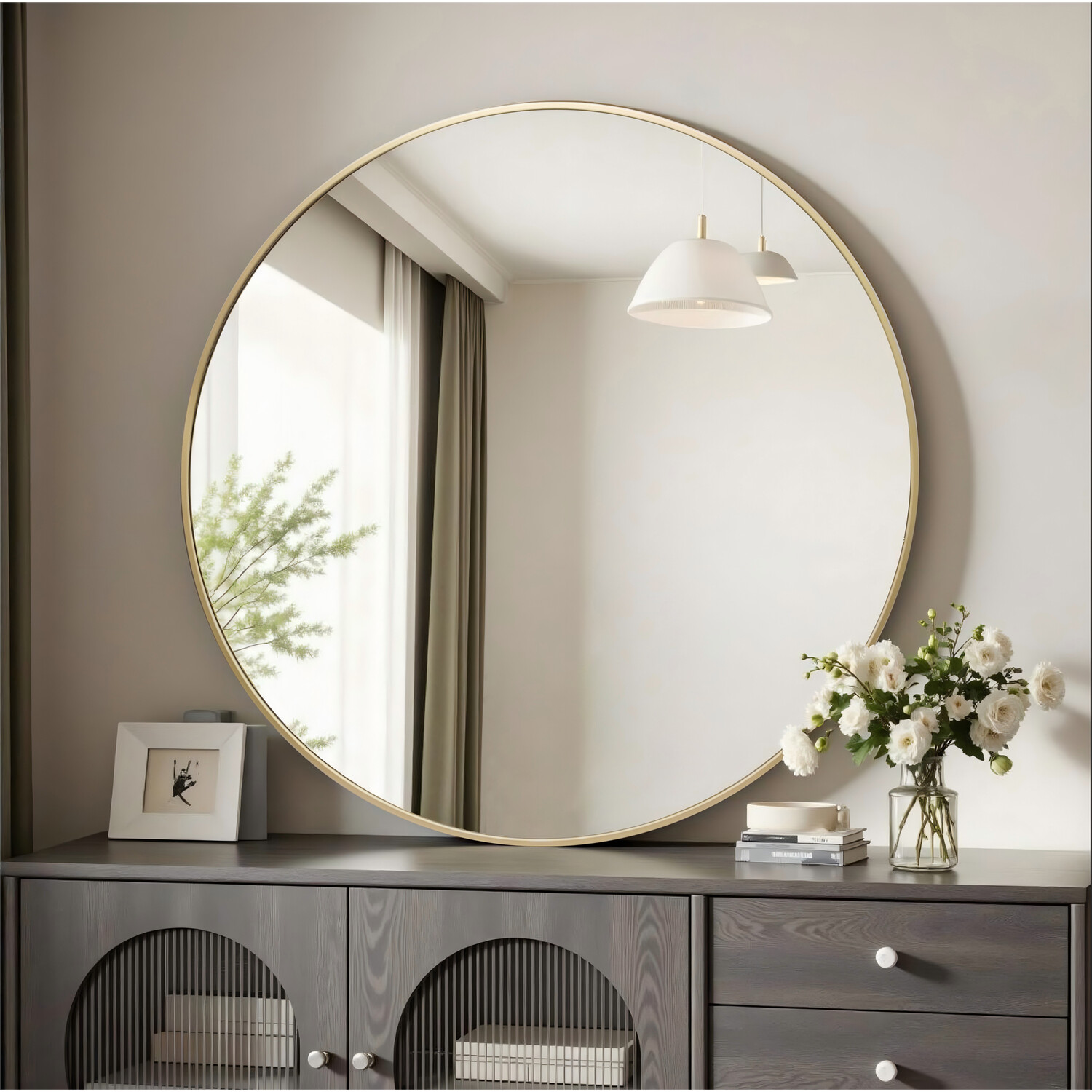 Round Metal Mirror Gold 76cm Image 2