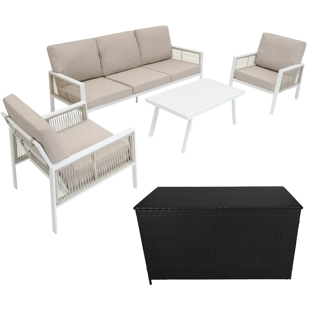 Jardi White and Beige 5 Seater Garden Sofa Set with Rain Cover and 582L Storage Box Image 2