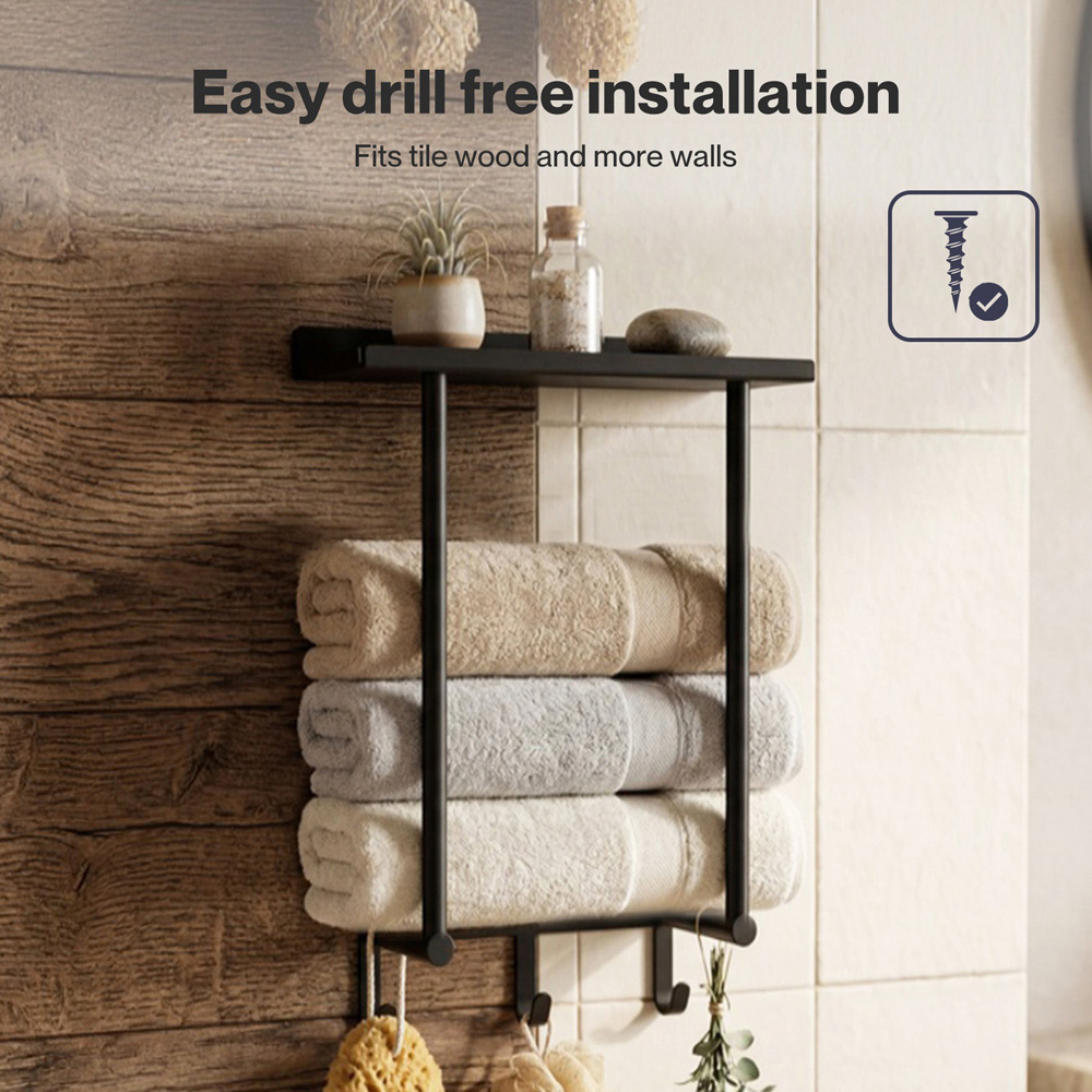 Levede Black Carbon Steel Wall-Mounted Towel Rack with Hooks Image 7