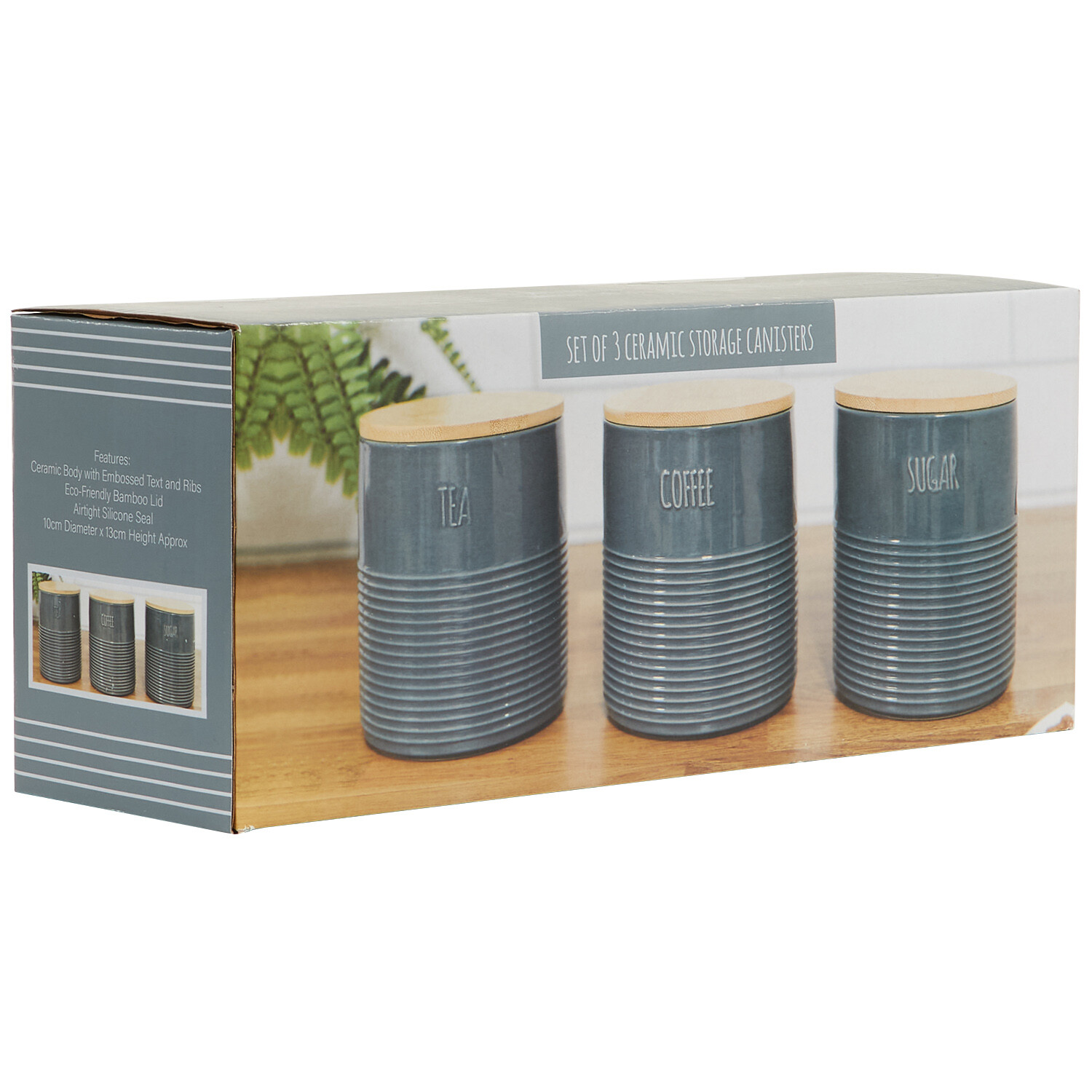 Set of 3 Embossed Ribbed Canister - Slate Blue Image 3