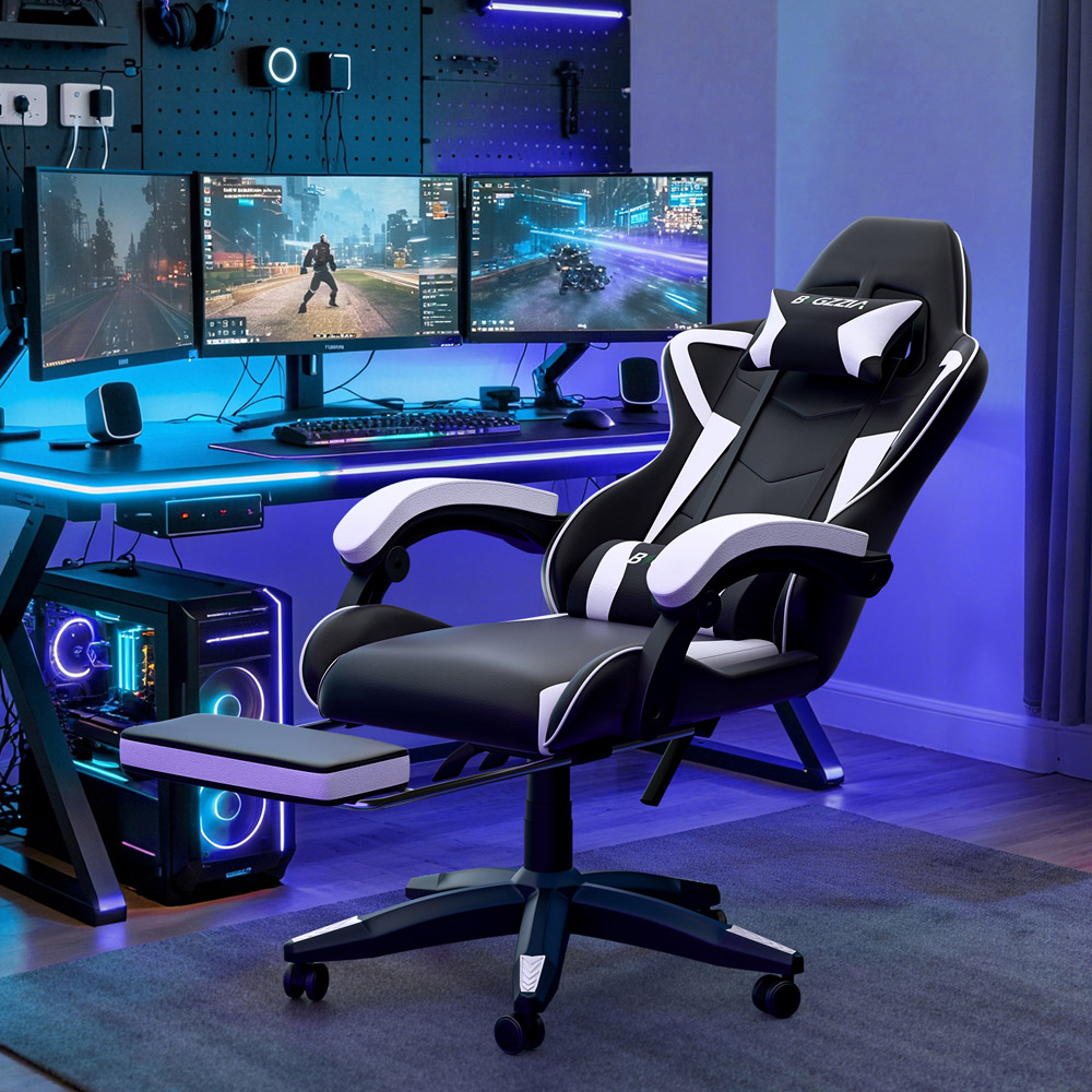 Rattrix Height Adjustable Gaming Chair with Footrest and Lumbar Cushion Black and White Image 2