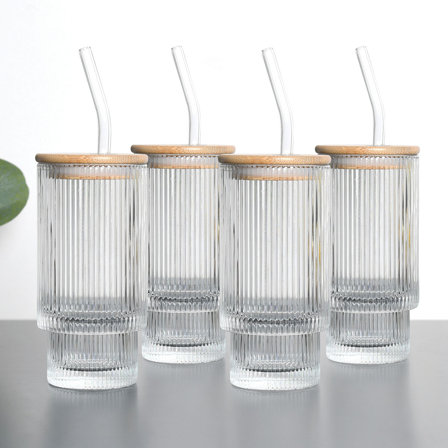 Pack of 4 Ribbed Tumblers with Lid and Straw - Clear Image 2