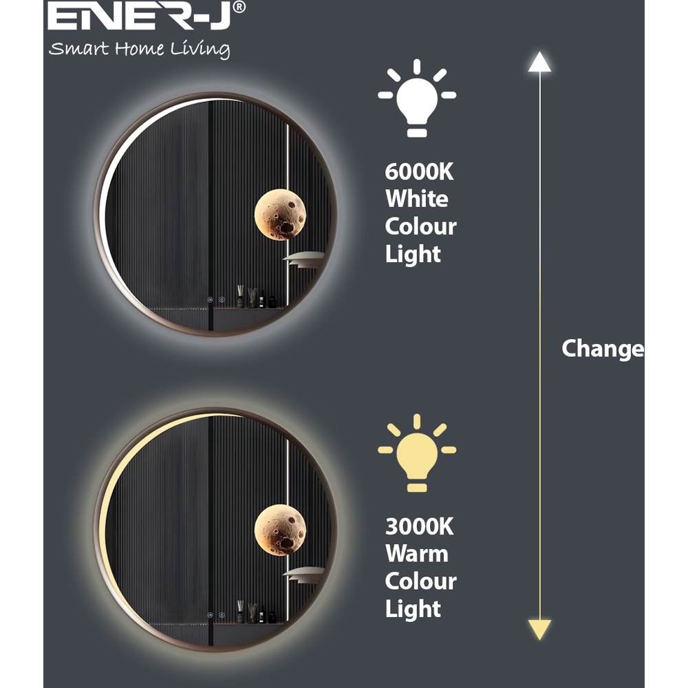 ENER‑J Moon Design Dimmable Round Aluminium LED Wall Mirror 70cm with CCT Adjustable Lighting Image 3