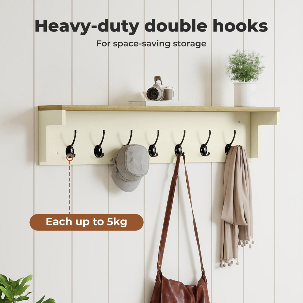 Levede Oak and Beige 7 Double Hook Wall Mounted Coat Rack with Shelf Image 8