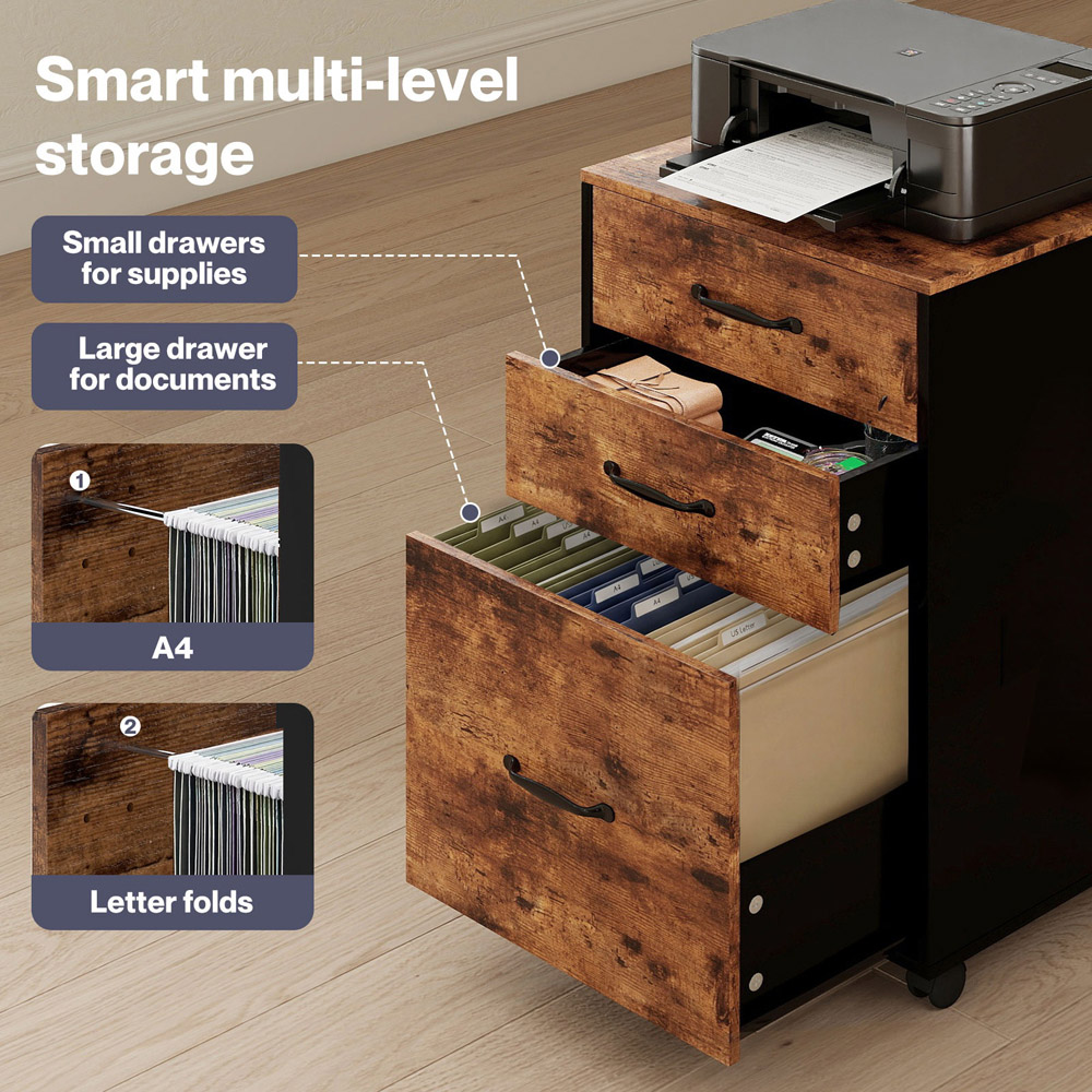 Levede Walnut 3 Drawer File Cabinet with Wheels Image 8