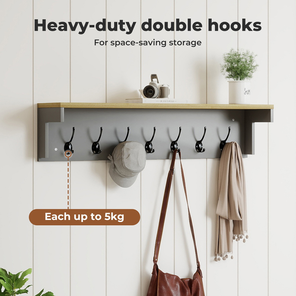 Levede Oak and Grey 7 Double Hook Wall Mounted Coat Rack with Shelf Image 8