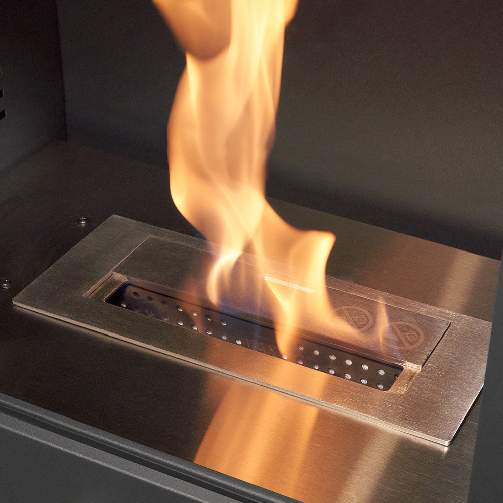 OKO S3 Charcoal Grey Bio Ethanol Stove with Log Storage and Angled Pipe Image 4