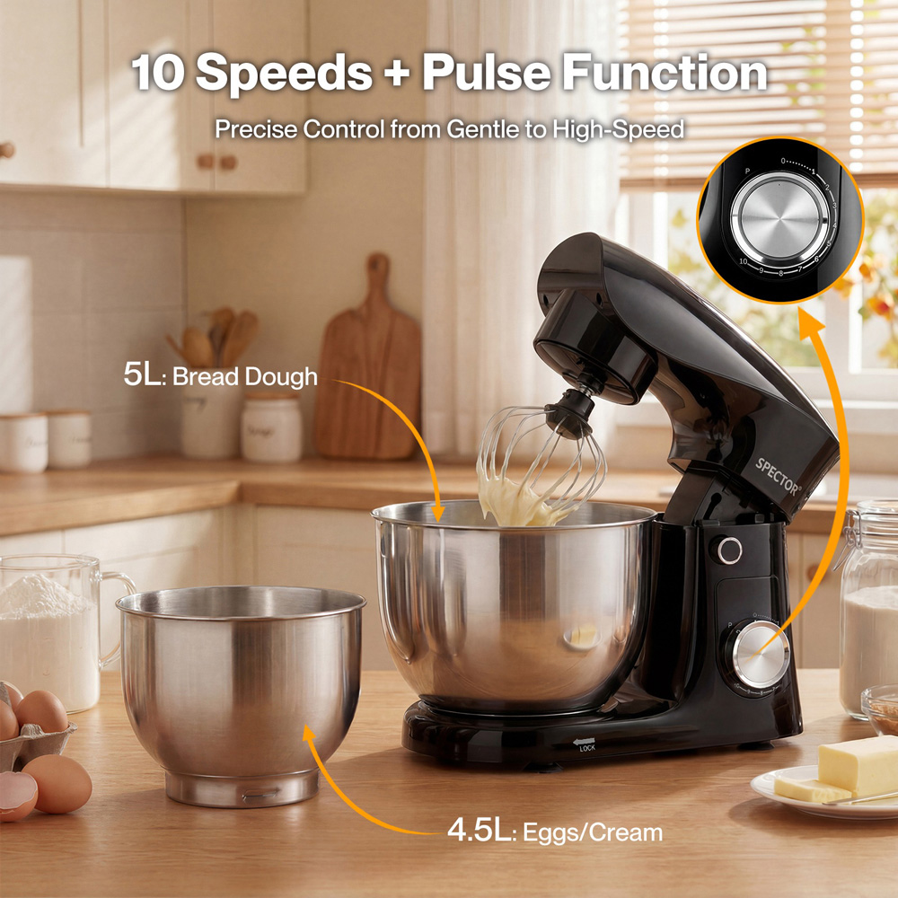 Spector MIX1003-BK-5L-UK 5L and 4.5L Mixing Bowl Electric Stand Mixer 1500W Image 4
