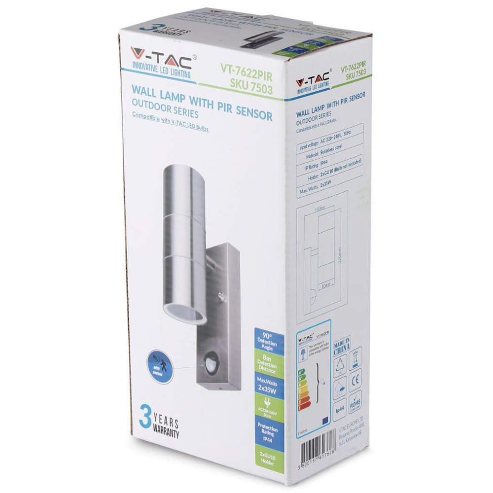 V-TAC GU10 Up and Down Stainless Steel Wall Light with PIR Sensor Image 3