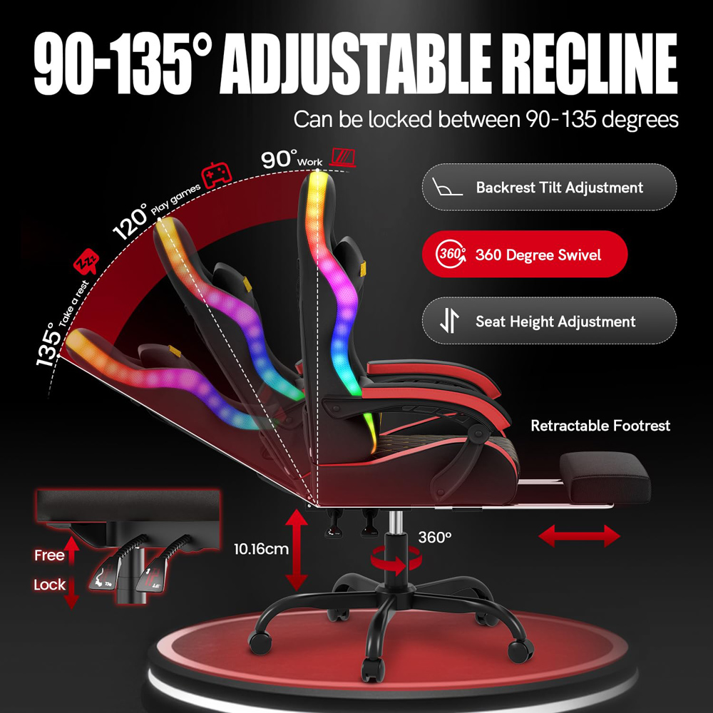 Rattrix Red PU Leather Reclining Gaming Chair with RGB LED Lights Memory Foam Seat and Footrest Image 2