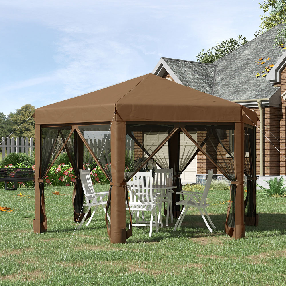Outsunny 3.2m Pop Up Gazebo Hexagonal Canopy Tent Outdoor w/Sidewalls Brown Image 2