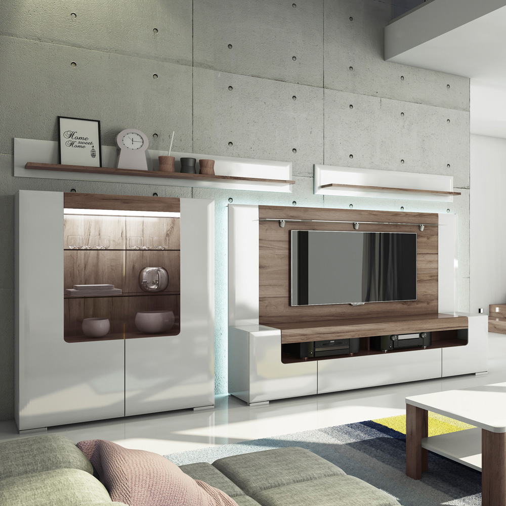 Furniture To Go Toronto White Gloss and San Remo Oak 2 Door Single Drawer 2 Shelf Wide TV Cabinet Image 5