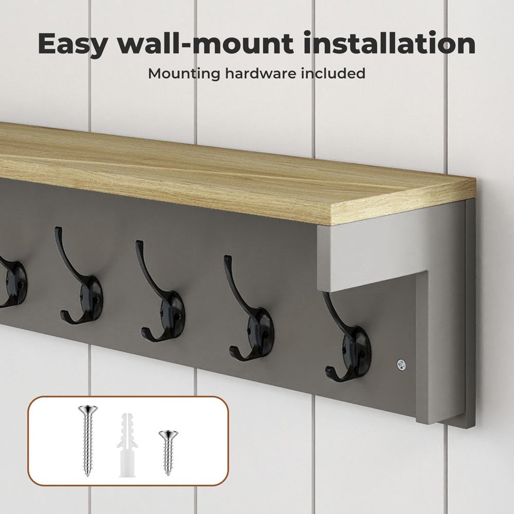 Levede Oak and Grey 7 Double Hook Wall Mounted Coat Rack with Shelf Image 7