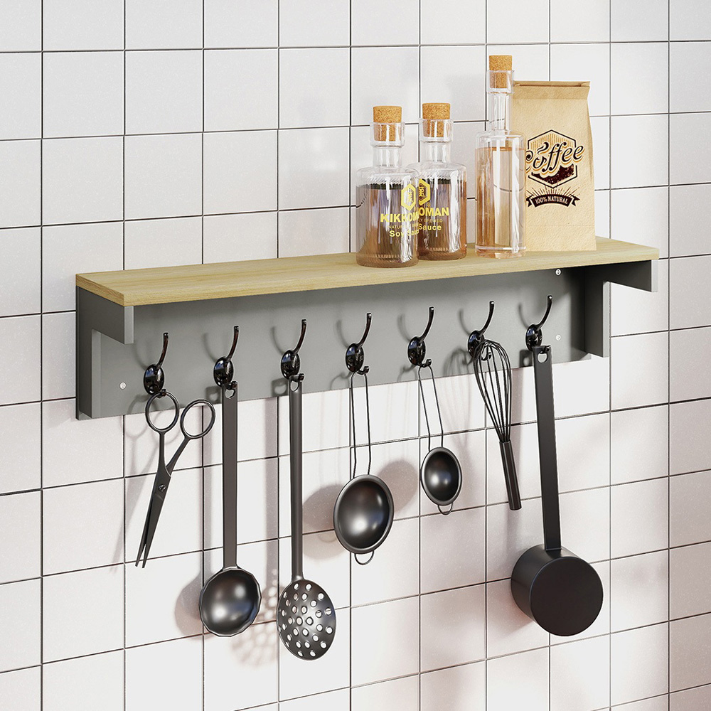 Levede Oak and Grey 7 Double Hook Wall Mounted Coat Rack with Shelf Image 3