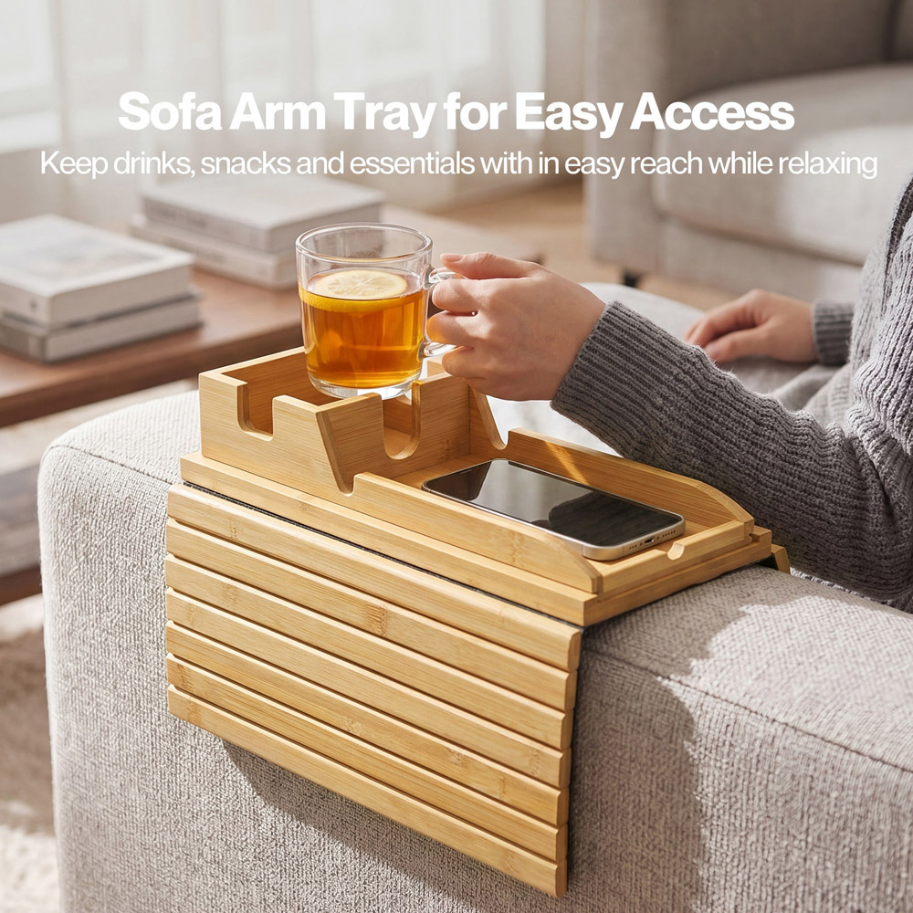 Levede Bamboo Sofa Arm Tray Table with Mug Holder Image 8