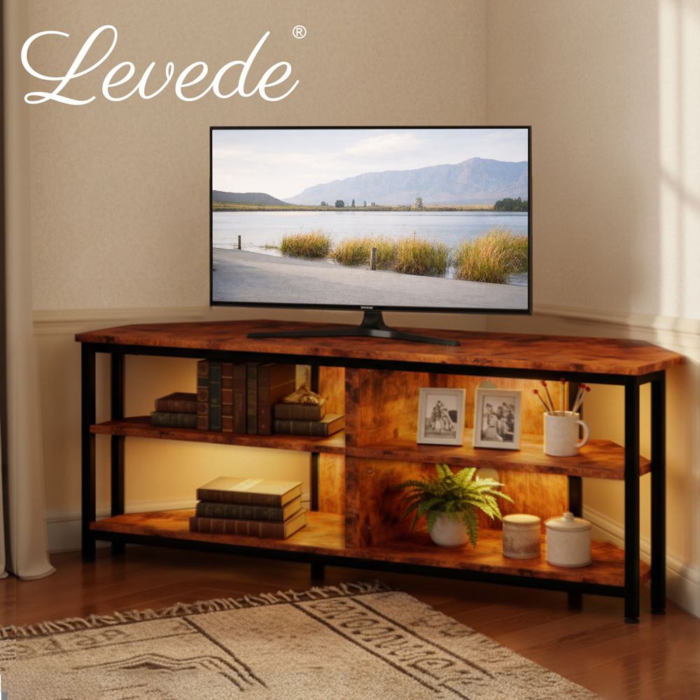 Levede Black and Brown 4 Shelf Wooden Corner TV Cabinet with LED Lights and Remote Image 8