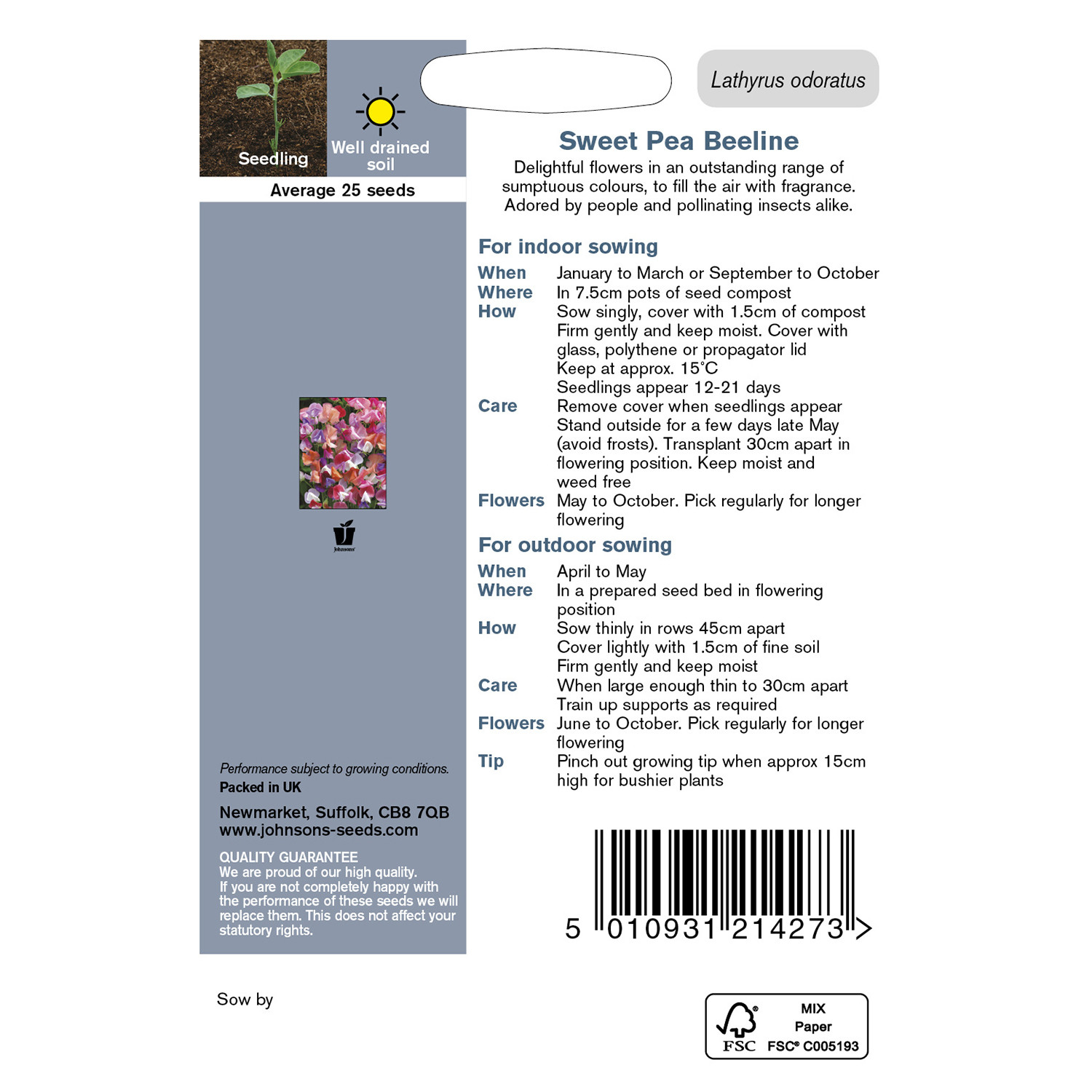 Johnsons Pack of Beeline Sweet Pea Flower Seeds Image 2