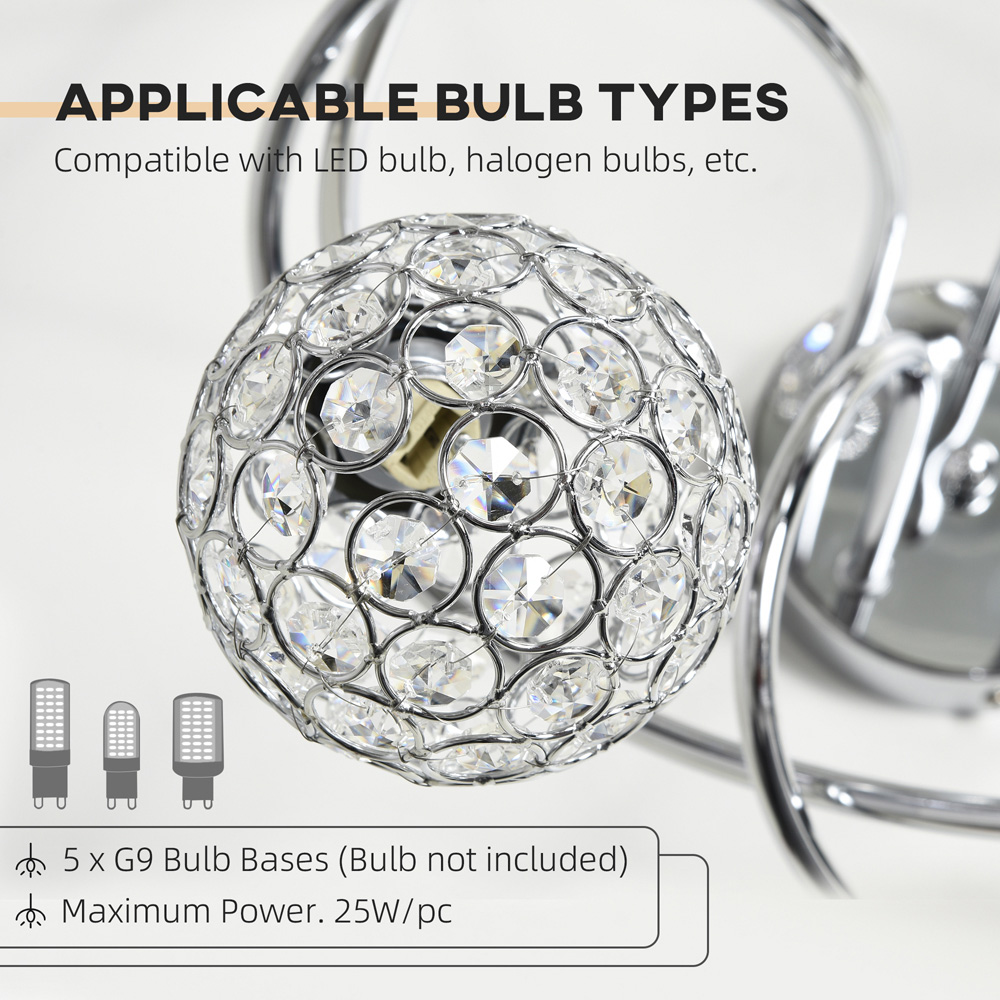 HOMCOM Chandelier Ceiling Light Pendant Light with 5 Globe Lampshades, Silver Image 6