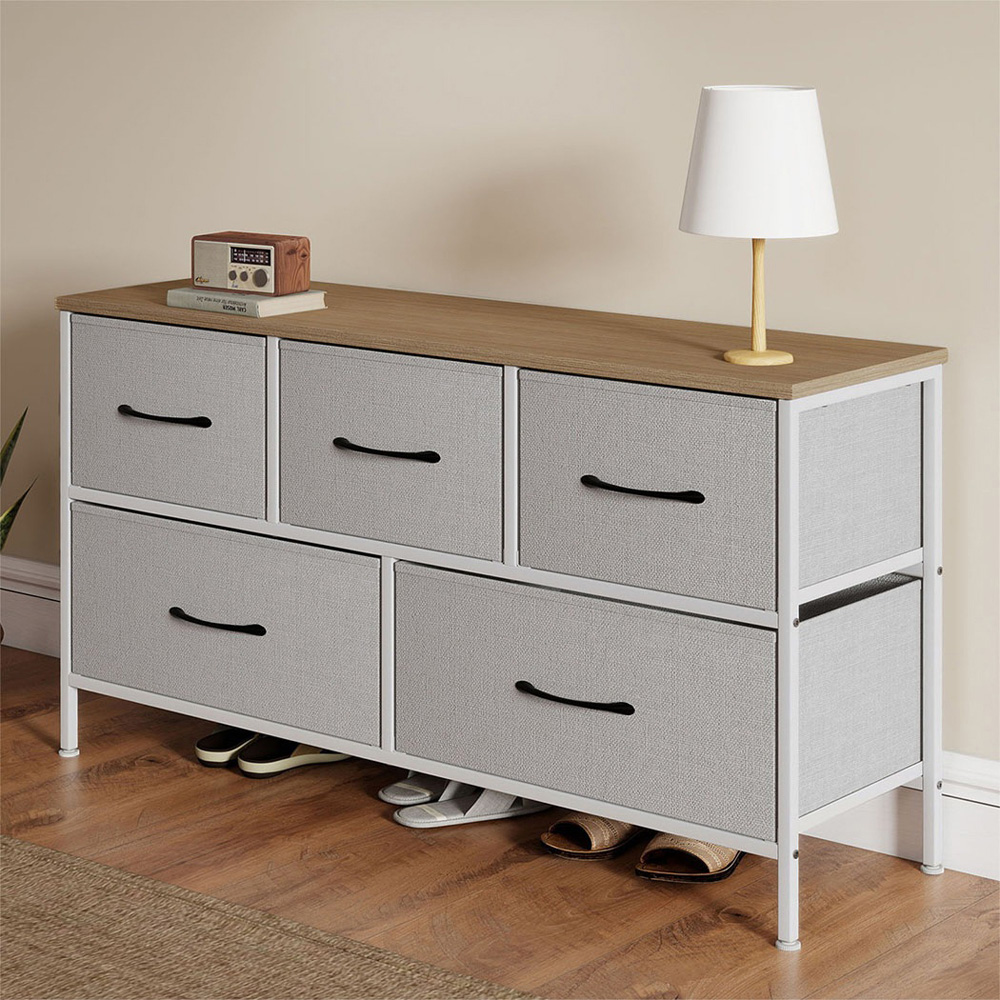 Levede Light Grey and Natural 5 Drawer Fabric Storage Unit Image 3
