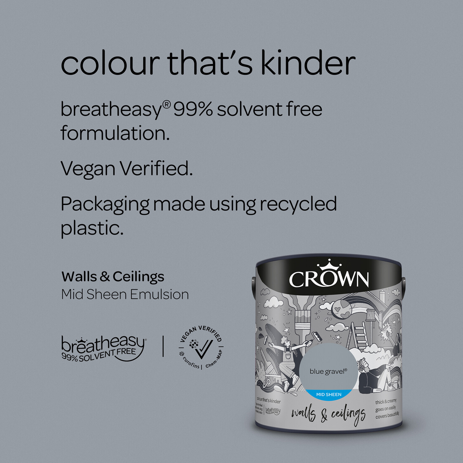 Crown Walls & Ceilings Blue Gravel Mid Sheen Emulsion Paint 2.5L Image 9