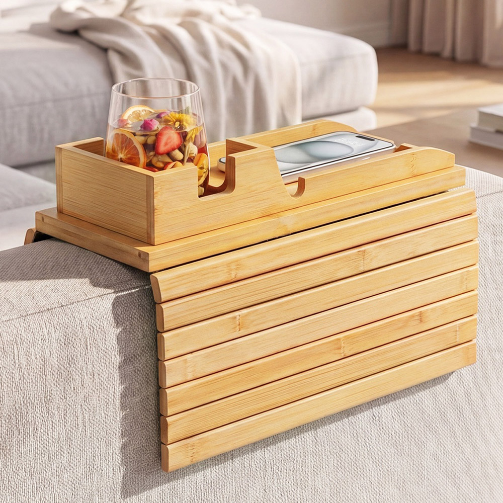 Levede Bamboo Sofa Arm Tray Table with Mug Holder Image 2
