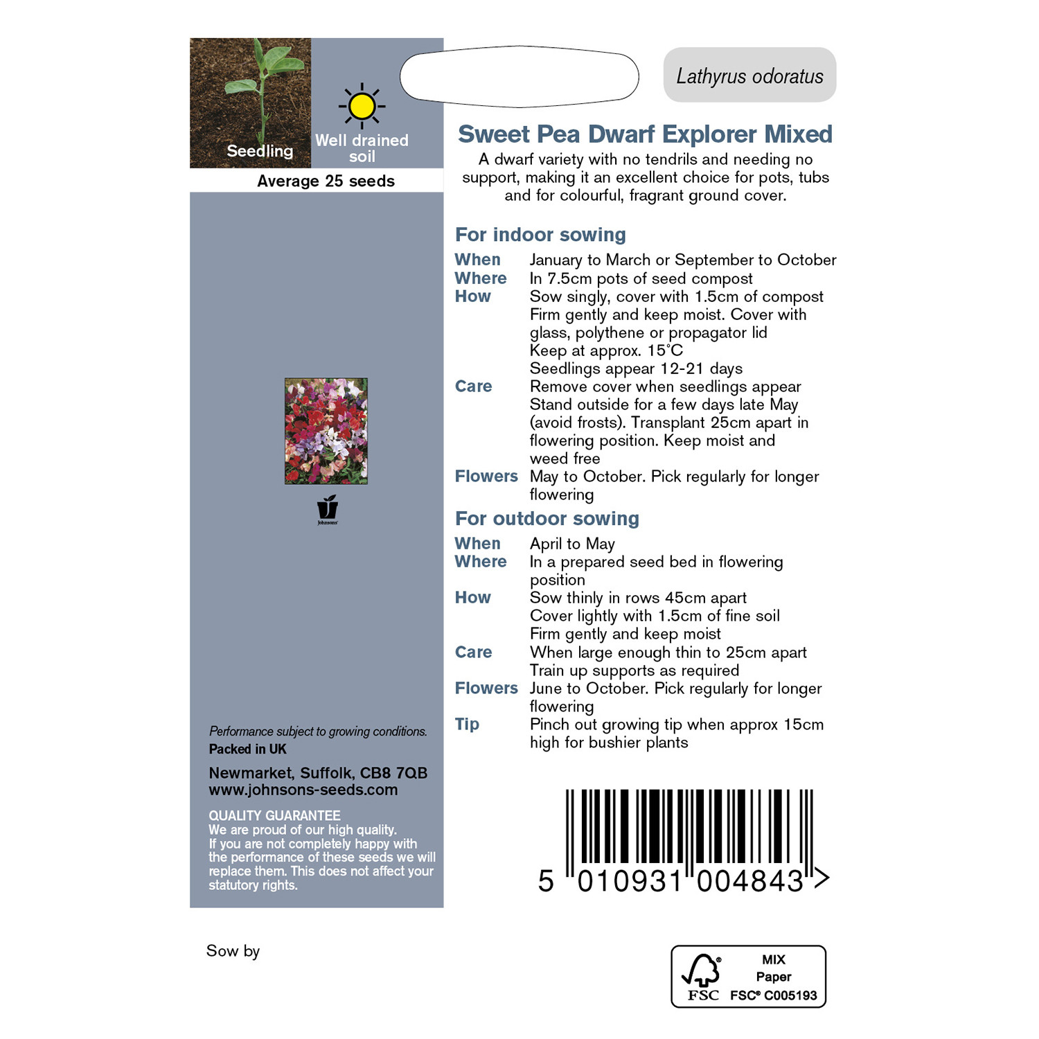 Johnsons Pack of Dwarf Explorer Mixed Sweet Pea Flower Seeds Image 2