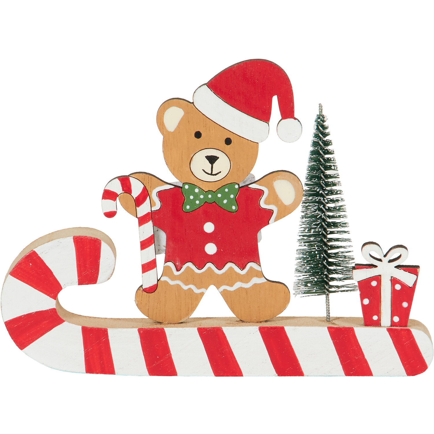 Wooden Bear On Candy Cane Decoration Image 1
