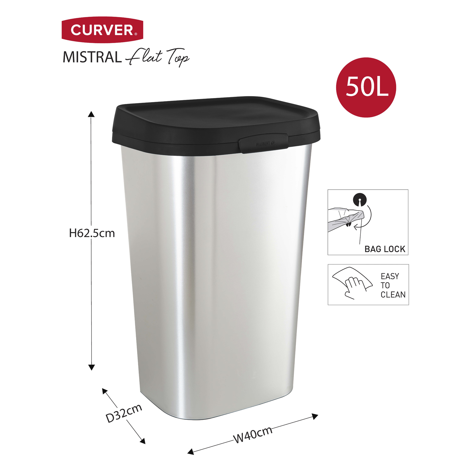 Curver Metal Effect Silver Mistral Swing Bin 50L Image 2