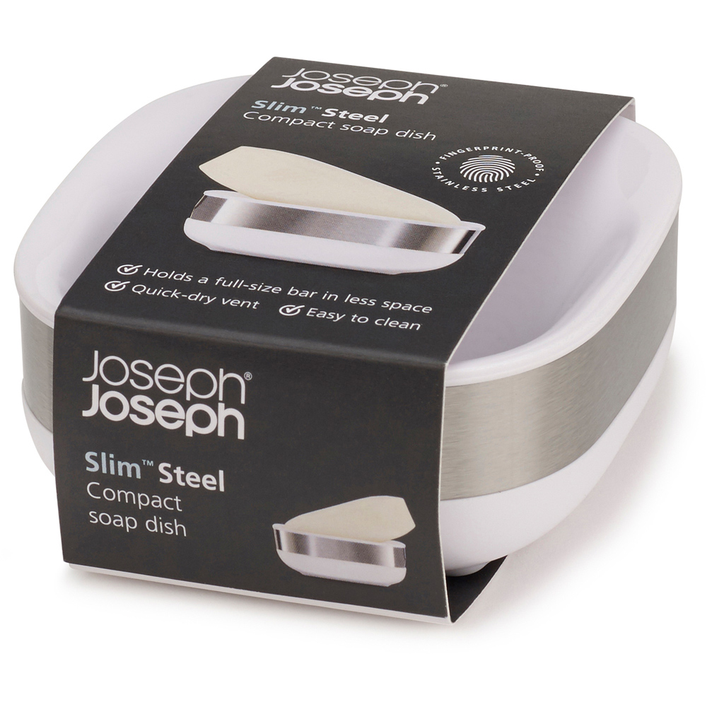 Joseph Joseph Slim White and Stainless Steel Compact Soap Dish Image 4