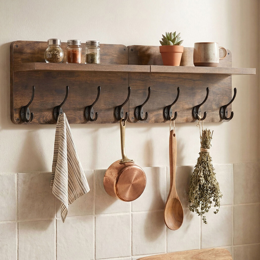 Levede Retro Brown Wall-Mounted Coat Rack with 4 Hooks Set of 2 Image 2